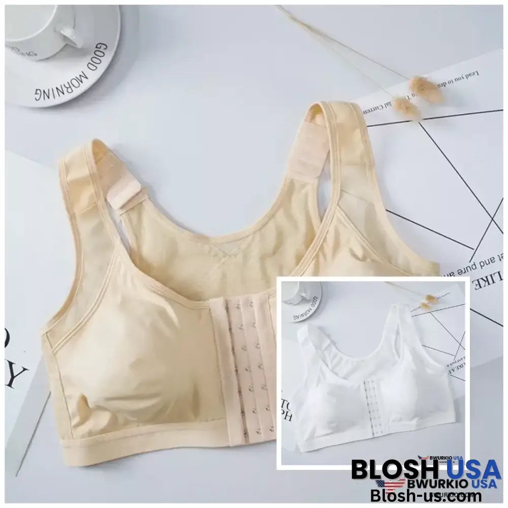 Helen Bra-Front Closure Posture Wireless Back Support Full Coverage Bra Beige + White / S