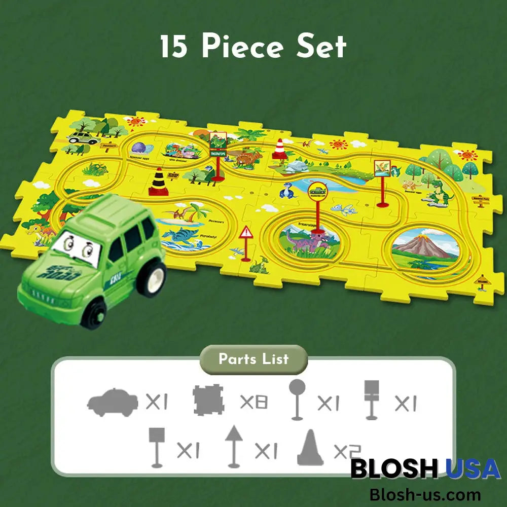 Puzzleracer Kids Car Track Set Dinosaur / 15 Piece