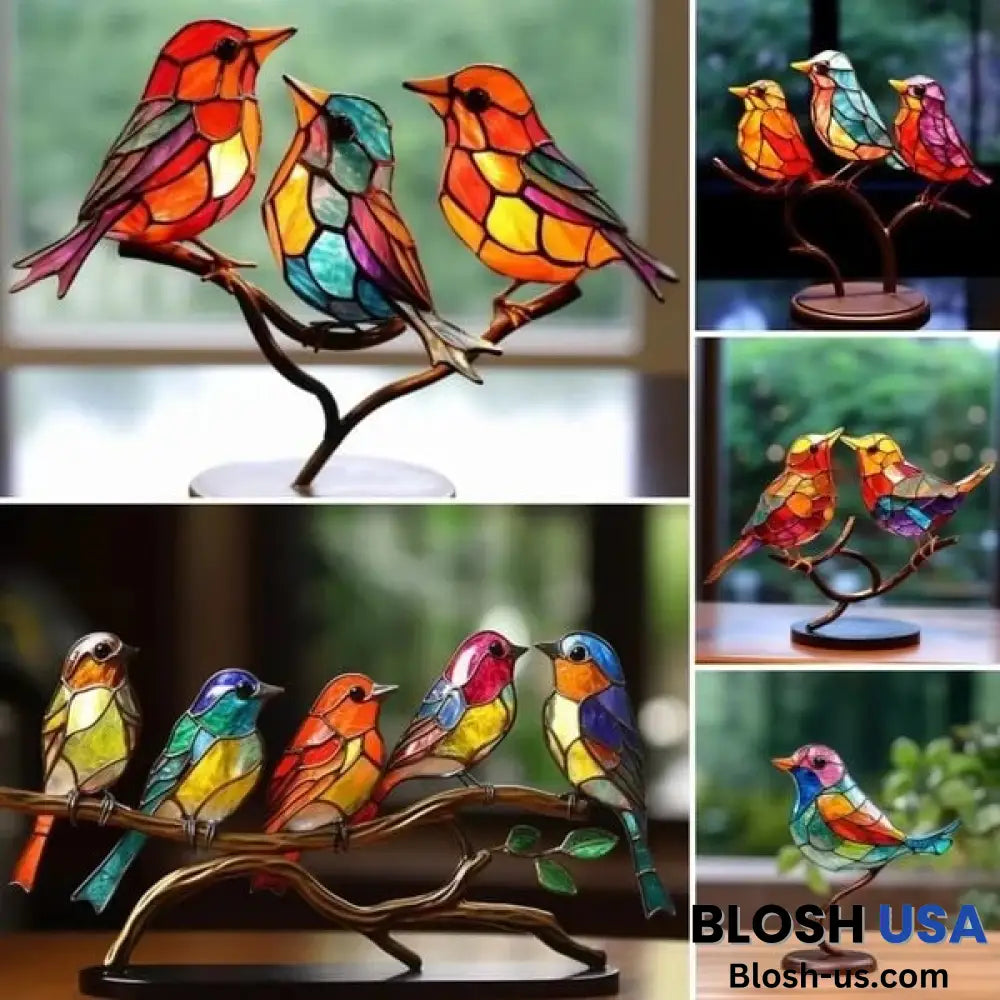 Stained Glass Birds On Branch Desktop Ornaments